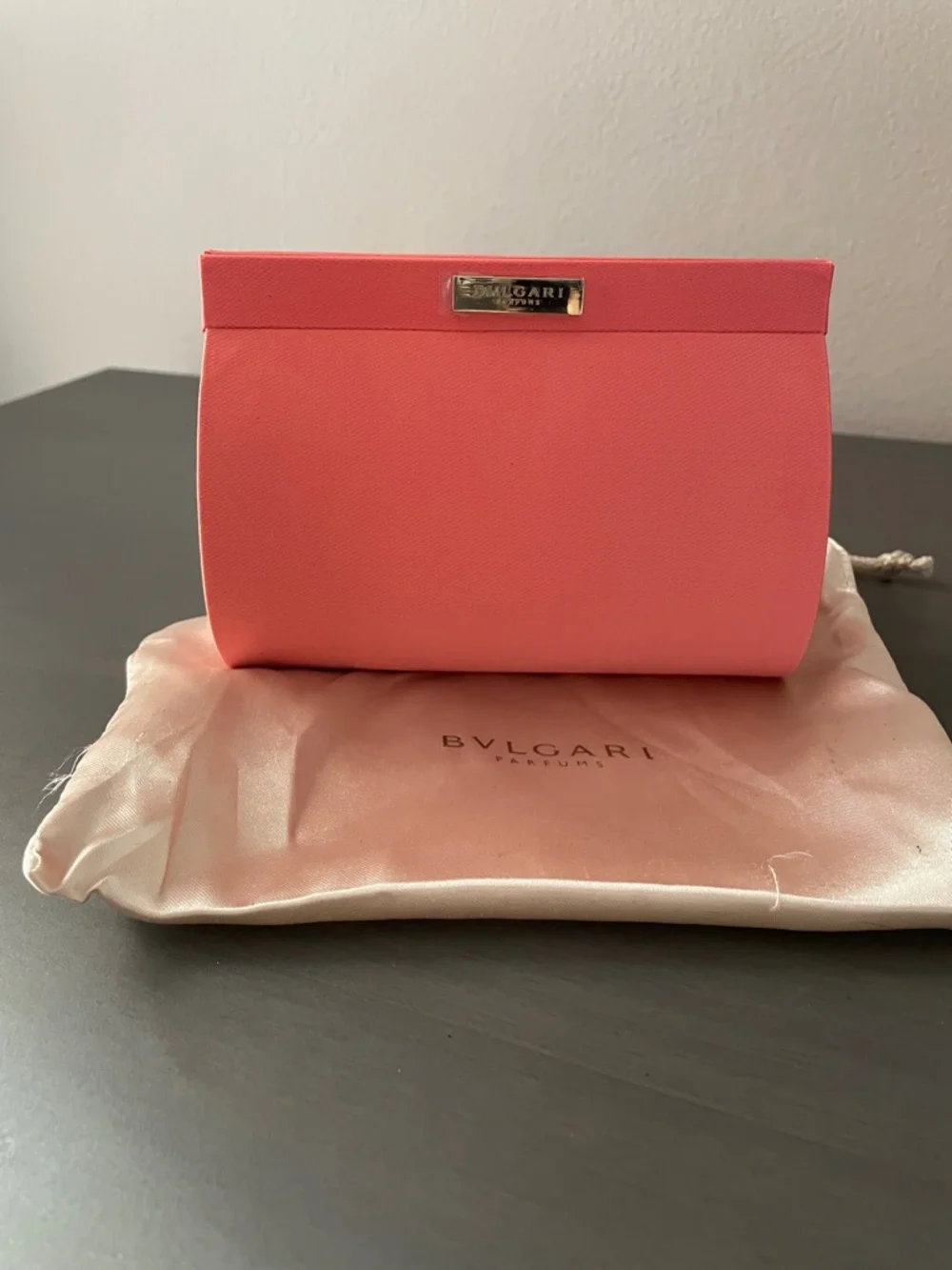 Bulgari Coral Pink Textured Clutch with Gold Plaque - Picture 4 of 5